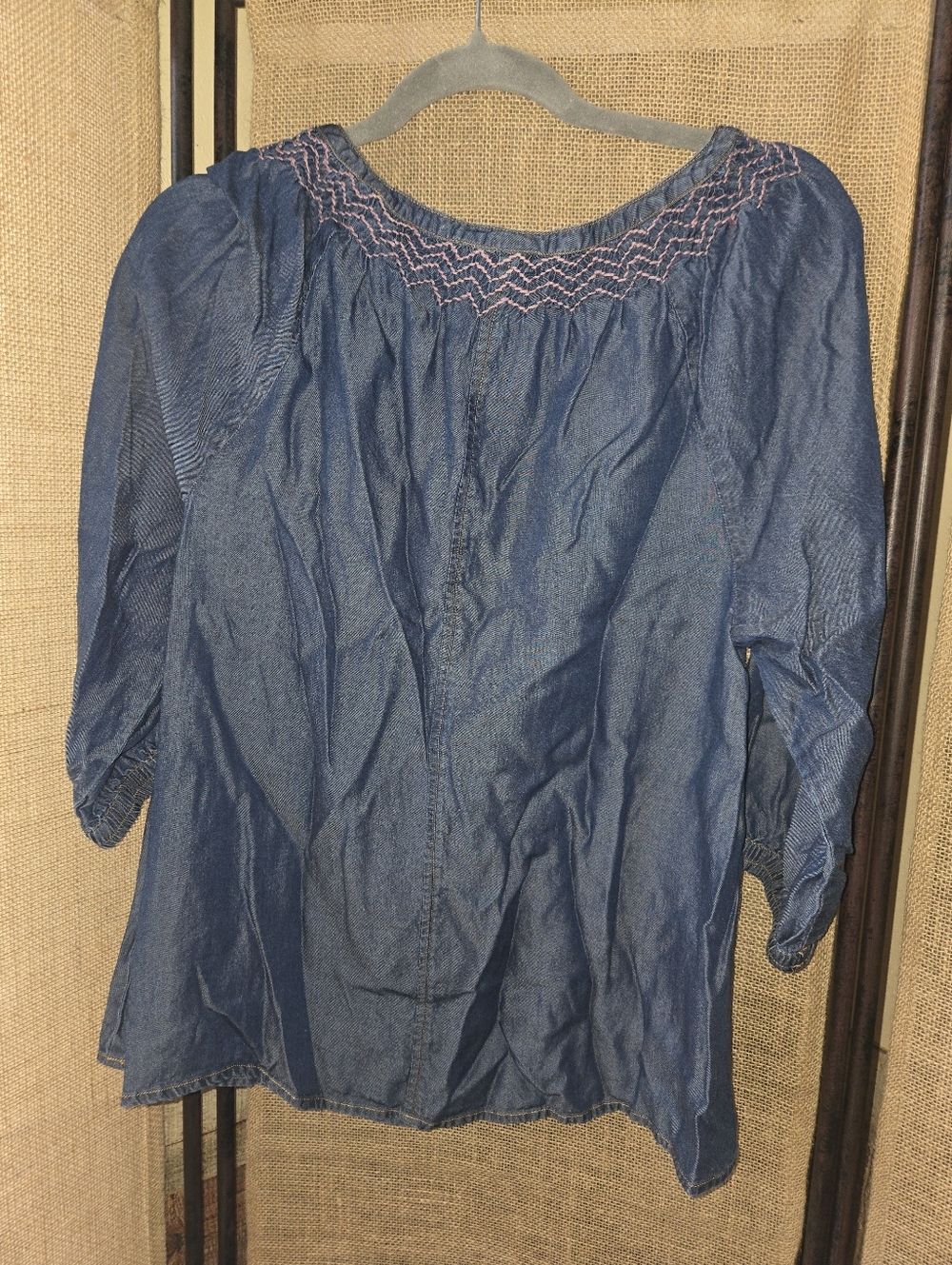 Womens Mira Smocked Denim Peasant Top with Embroidered Yoke - Blue Size Small - Picture 9 of 9